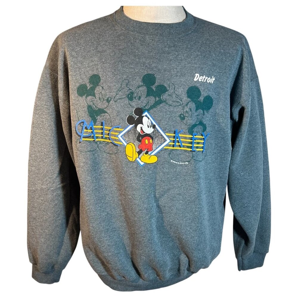 Vintage Disney Mickey Mouse Detroit Sweatshirt Size Large Tultex Gray Crewneck